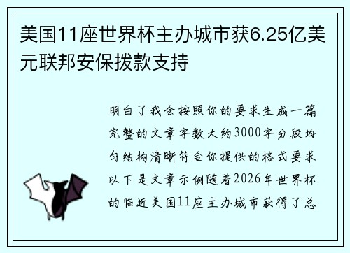 美国11座世界杯主办城市获6.25亿美元联邦安保拨款支持 美国11座世界杯主办城市获6.25亿美元联邦安保拨款支持