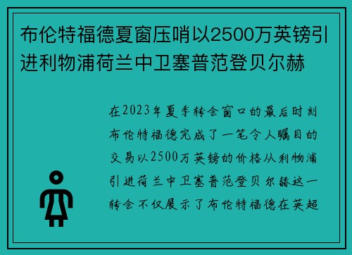布伦特福德夏窗压哨以2500万英镑引进利物浦荷兰中卫塞普范登贝尔赫 布伦特福德夏窗压哨以2500万英镑引进利物浦荷兰中卫塞普范登贝尔赫
